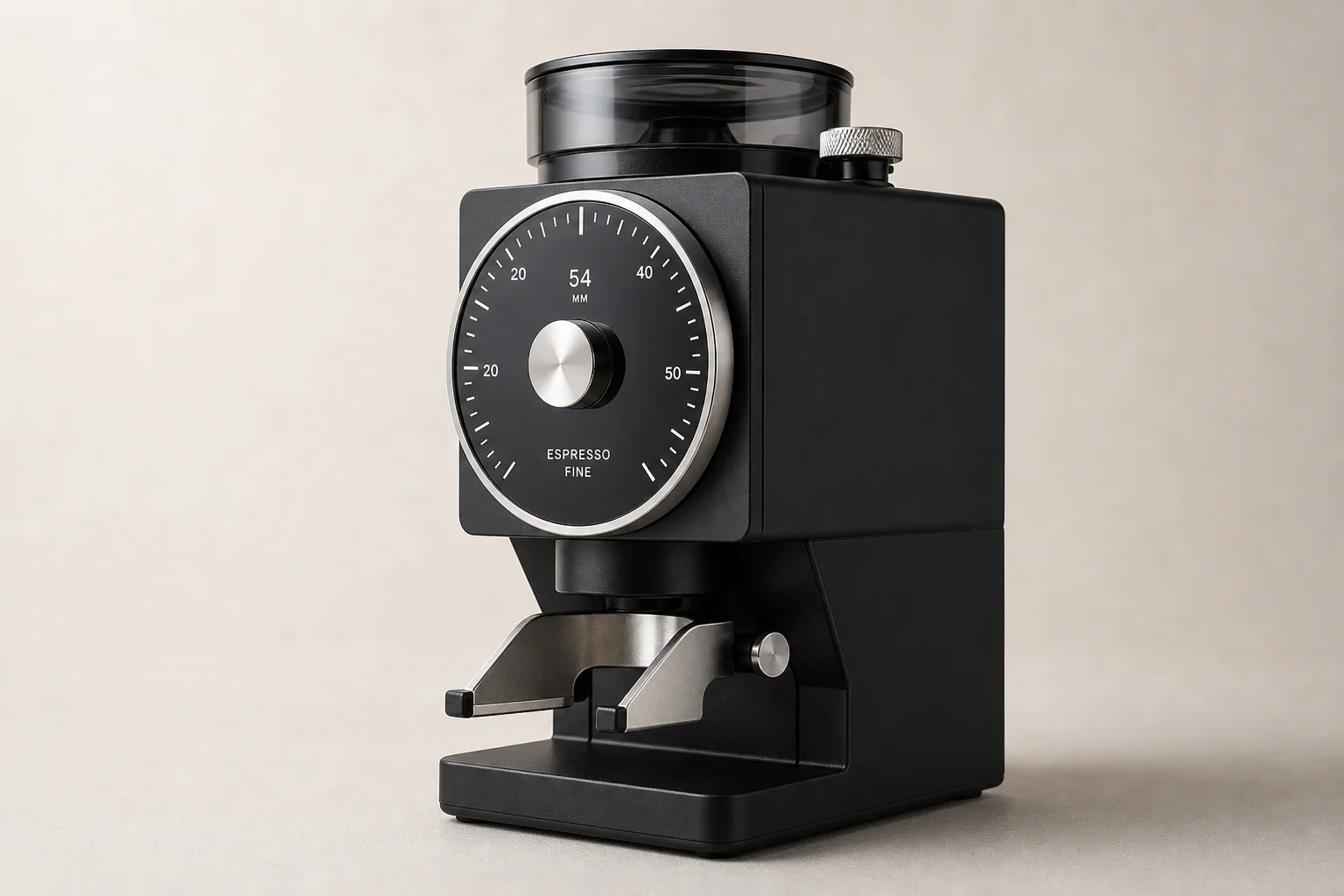 MiiCoffee DF54 espresso grinder with black body and glass dial on neutral backdrop
