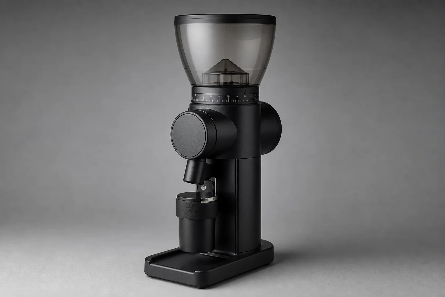 MiiCoffee DF54 espresso grinder with black body and glass dial on neutral backdrop