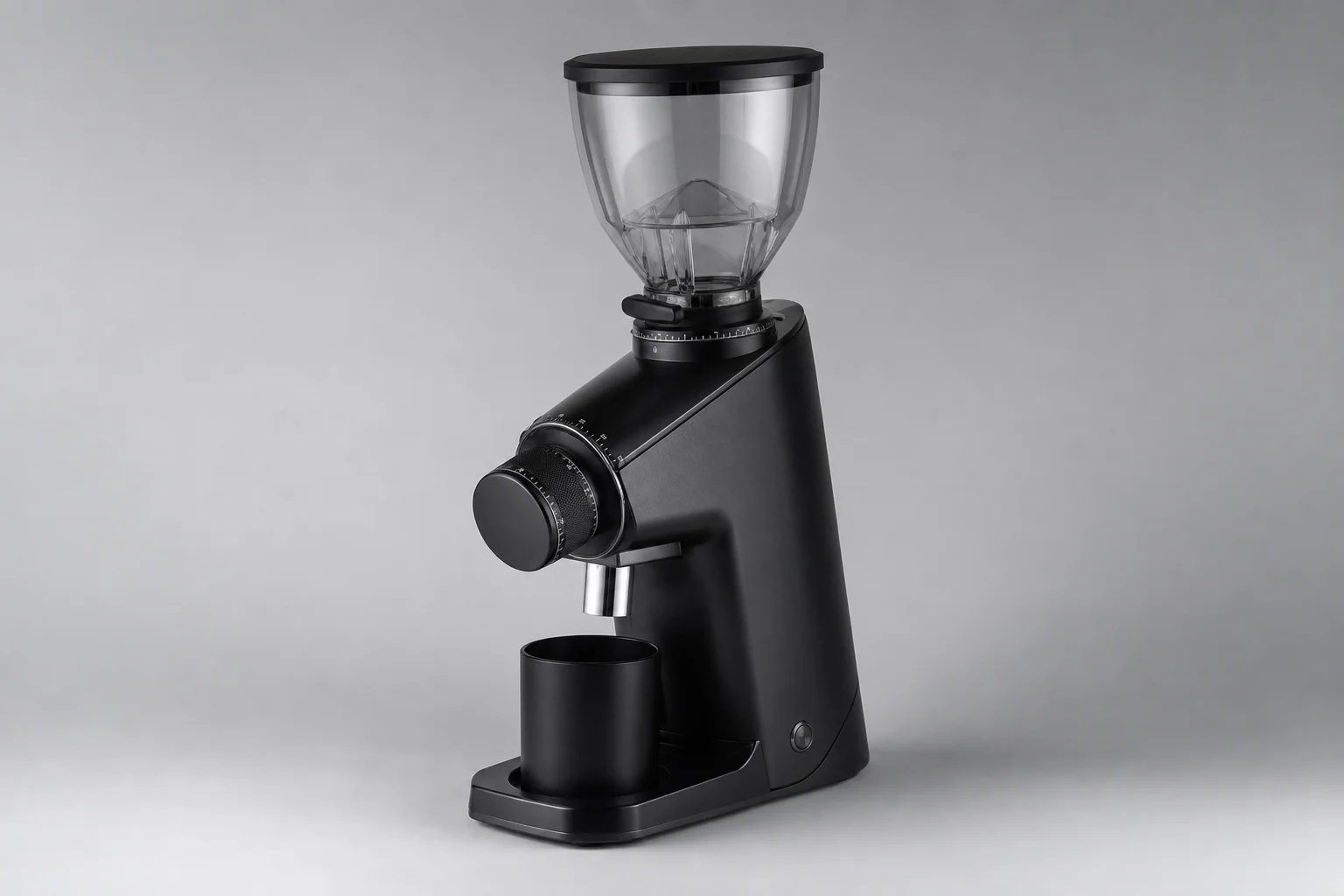 MiiCoffee DF54 espresso grinder with black body and glass dial on neutral backdrop