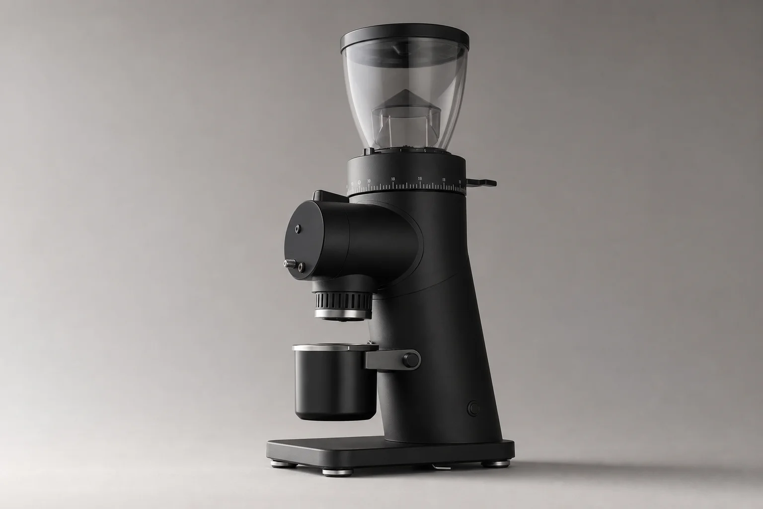 MiiCoffee DF54 espresso grinder with black body and glass dial on neutral backdrop