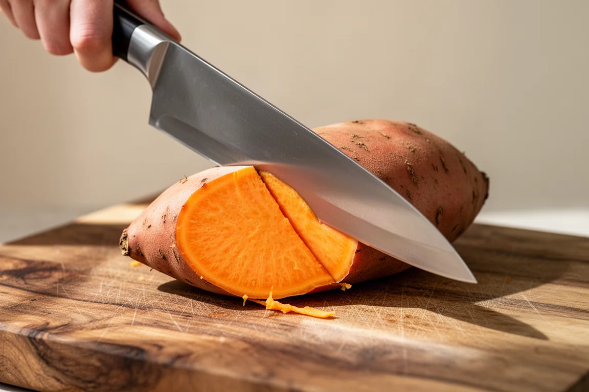 Kockkniv skär igenom en fast sötpotatis på en skärbräda