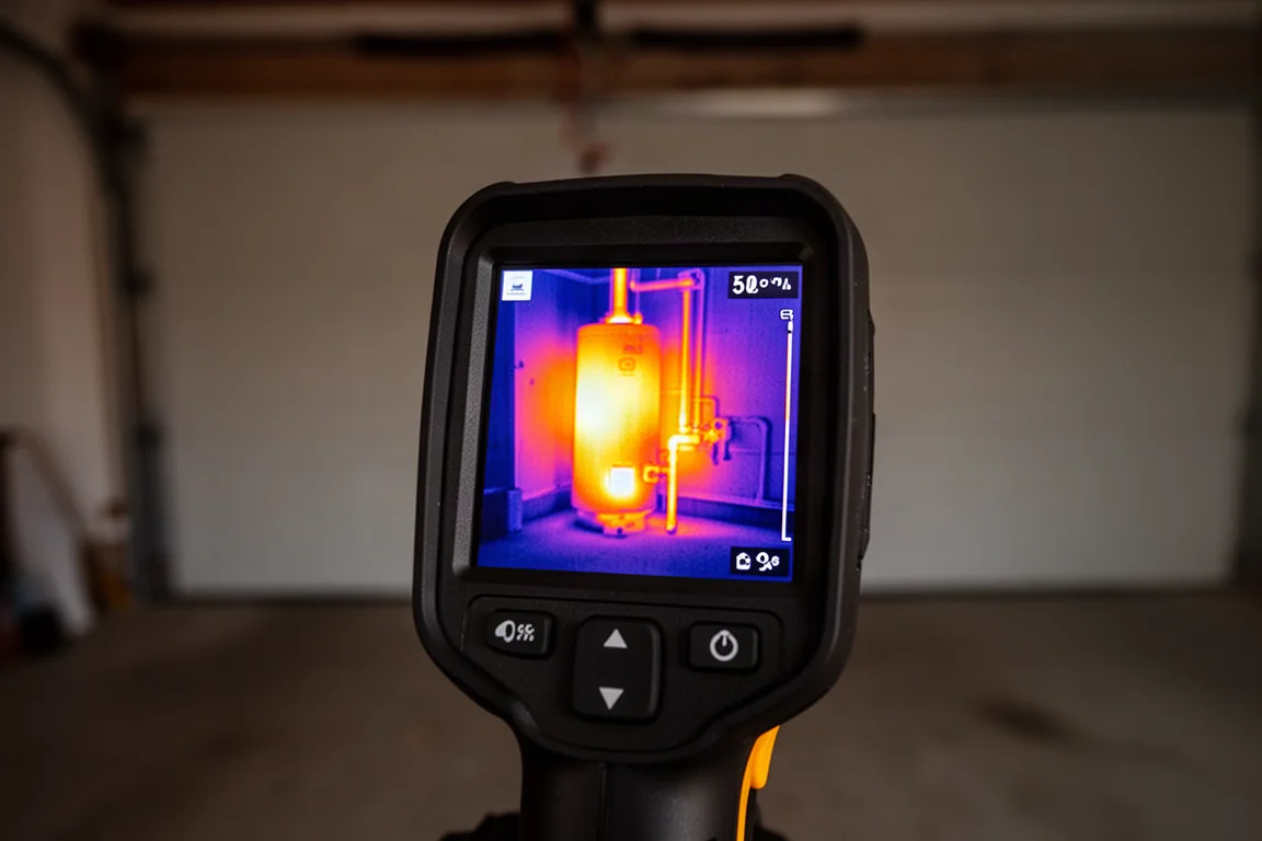 Schermo della termocamera che mostra uno scaldabagno con colori caldi