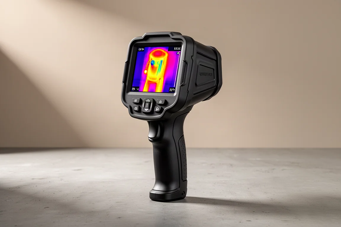 Handheld thermal imaging camera with rugged body and thermal display on concrete