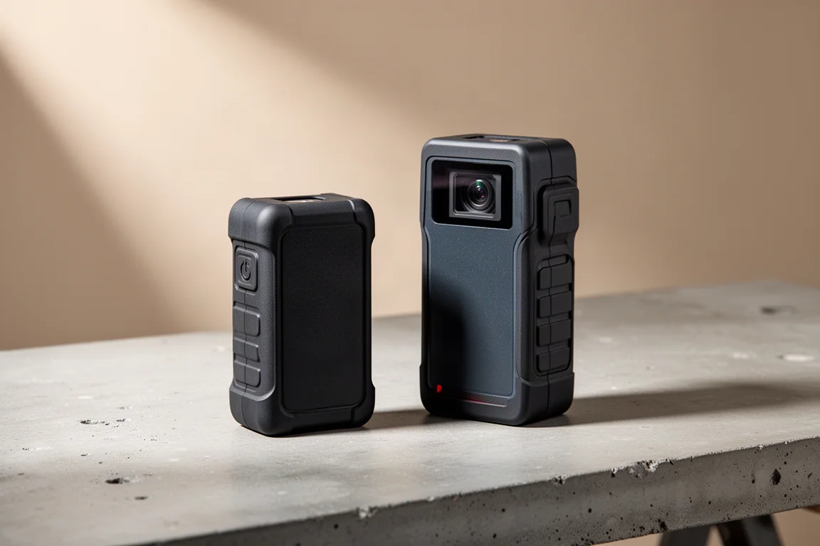 Two handheld laser measuring devices side by side on a concrete workbench
