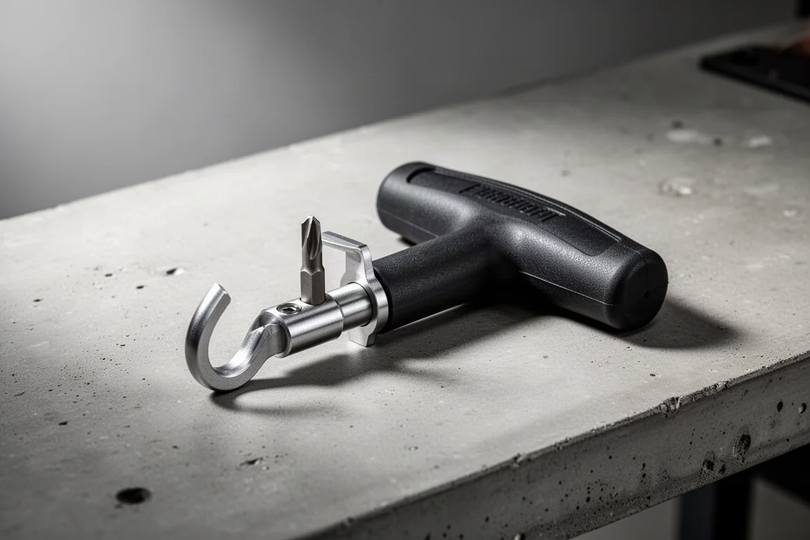Milescraft Hook Driver attachment with T-handle on a concrete workbench