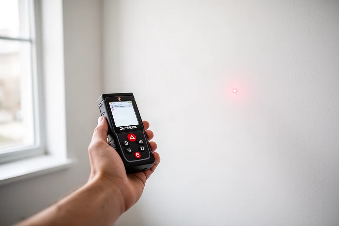 Laseravståndsmätare som projicerar en röd laserpunkt på en vägg i ett ljust rum