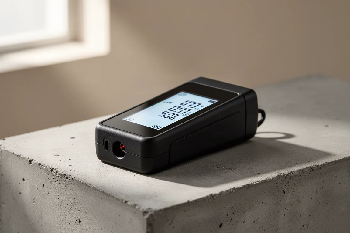 Compacte zwarte laser afstandsmeter met touchscreen op een betonnen ondergrond