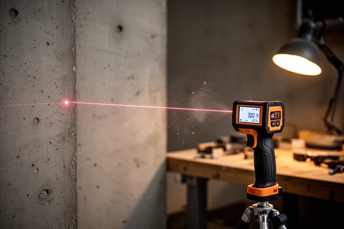 Laser measure emitting a fine beam across a dim workshop toward a distant wall