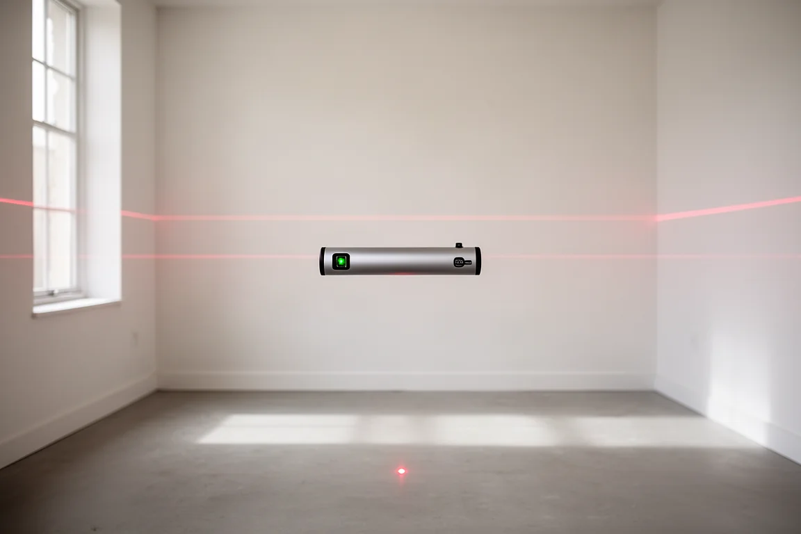 Slim cylindrical laser rangefinder projecting two beams toward opposite walls of a room