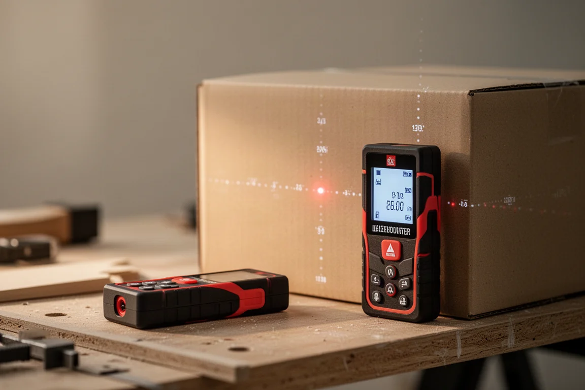 Laser measure marking a center point on a cardboard box with a visible dot