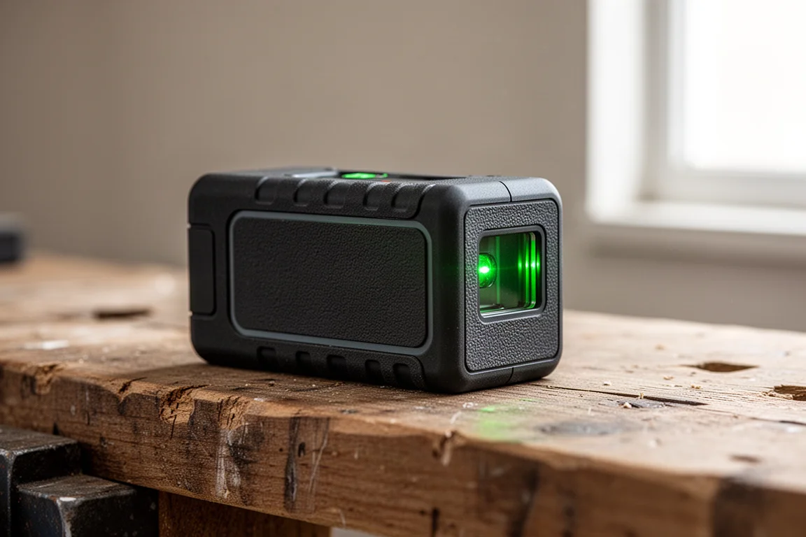 Compact green-laser measuring tool with haptic feedback resting on a timber workbench