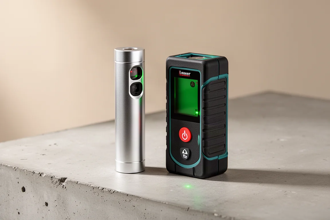 Slim cylindrical laser rangefinder and compact rubberized laser measure side by side on concrete
