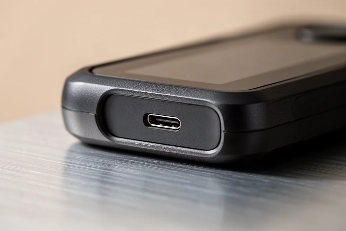 Detailaufnahme des USB-C-Ladeanschlusses an der Unterseite eines Laser-Messgeräts