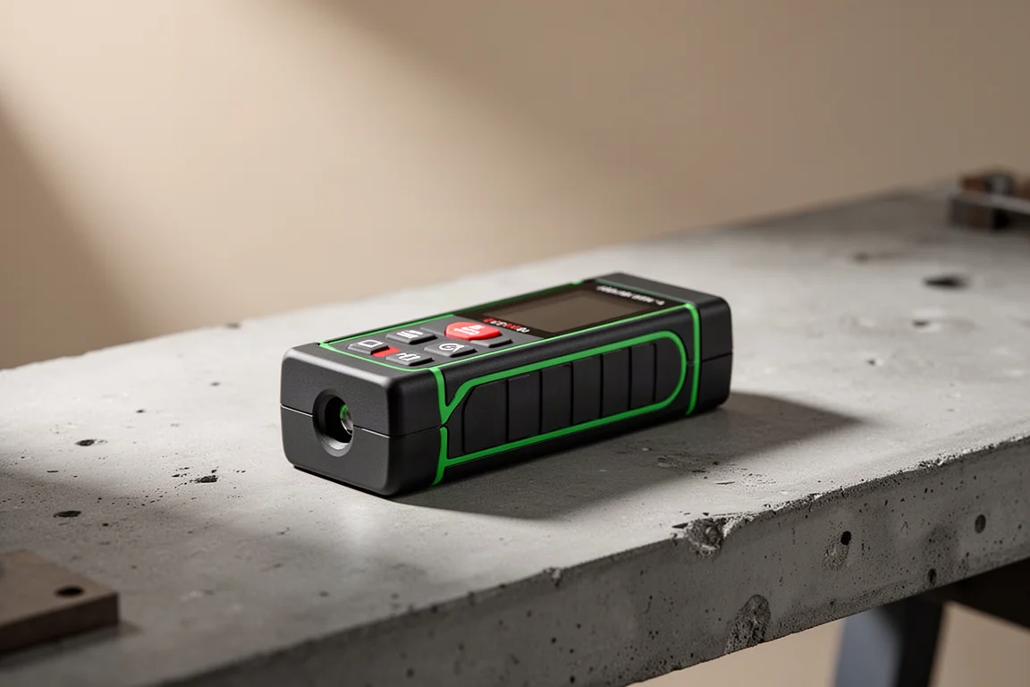 Compact laser distance meter with green accents on a concrete workbench
