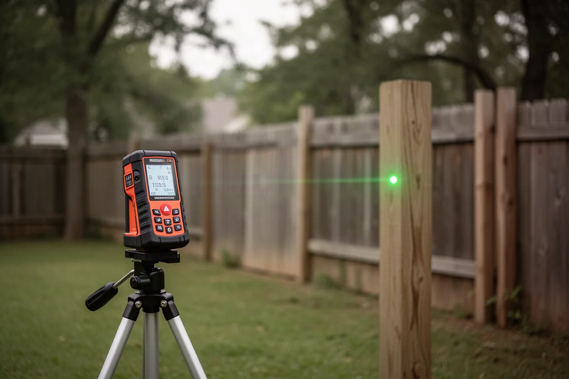 Green laser dot visible on a distant fence post in soft outdoor light