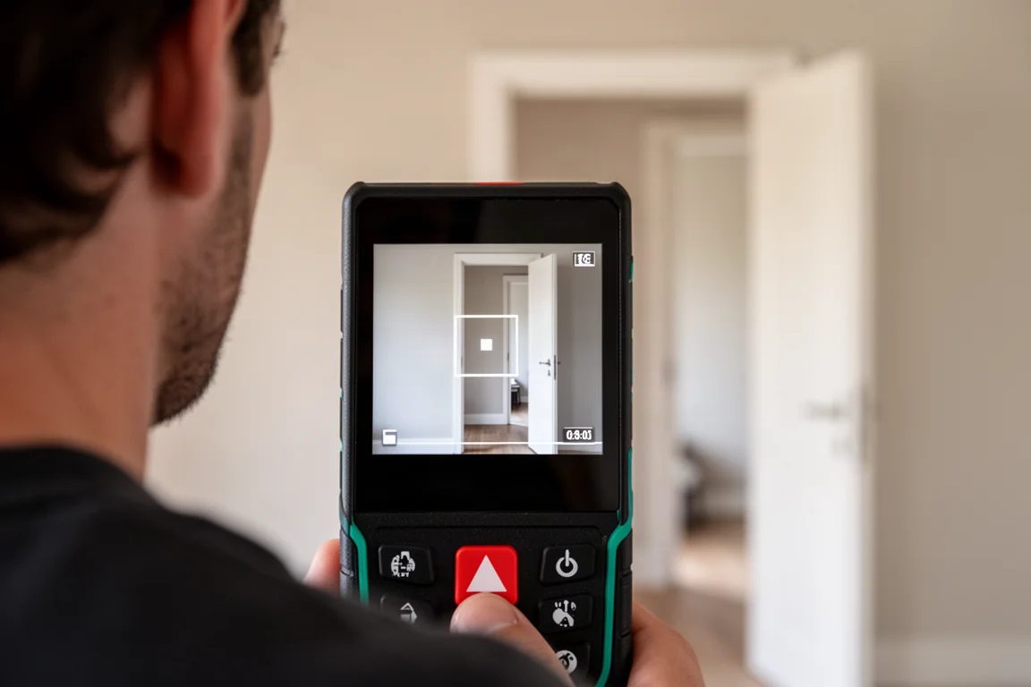 Laser measure screen showing a zoomed camera view with a targeting square on a doorway