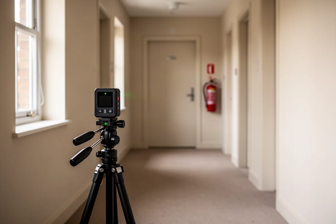 Laser measure mounted on a tripod in a hallway aimed at a far wall