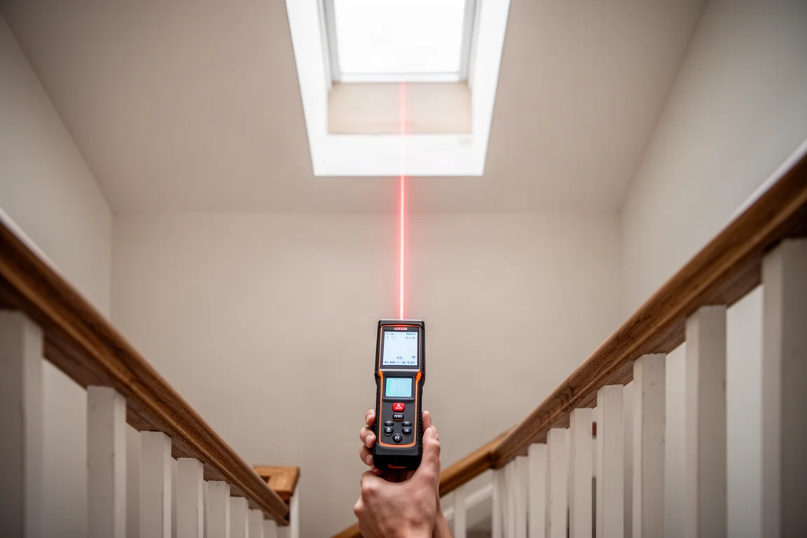 Laser measure aimed upward through a narrow stairwell opening