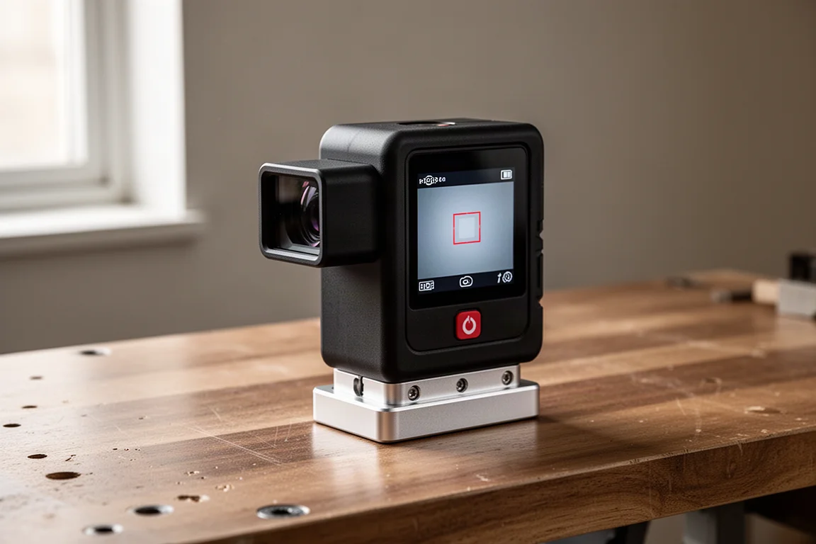 Mileseey Tools S50C laser measure shown from a three-quarter angle on a workbench