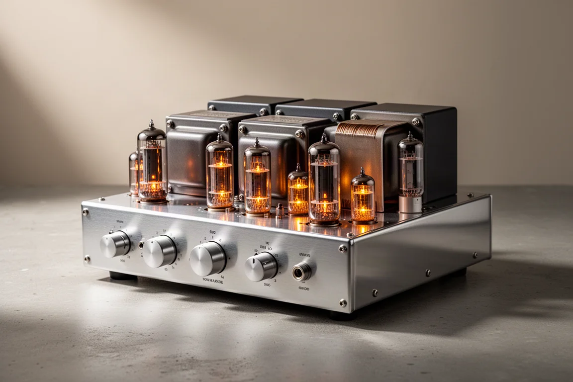Vintage-styled tube power amplifier with three transformers and glowing tubes on concrete