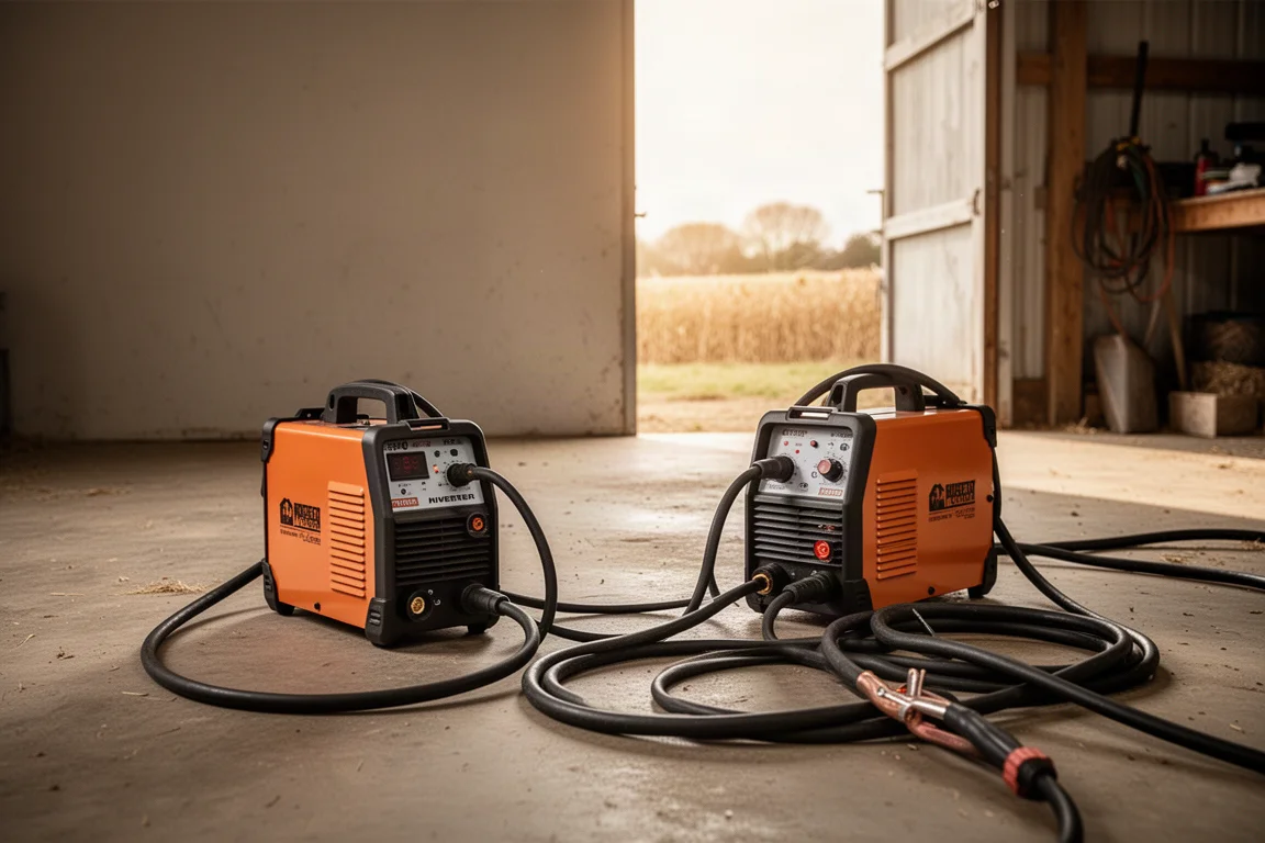 Kompaktes Elektrodenschweißgerät auf dem Boden einer Hofwerkstatt neben aufgewickelten Schweißkabeln