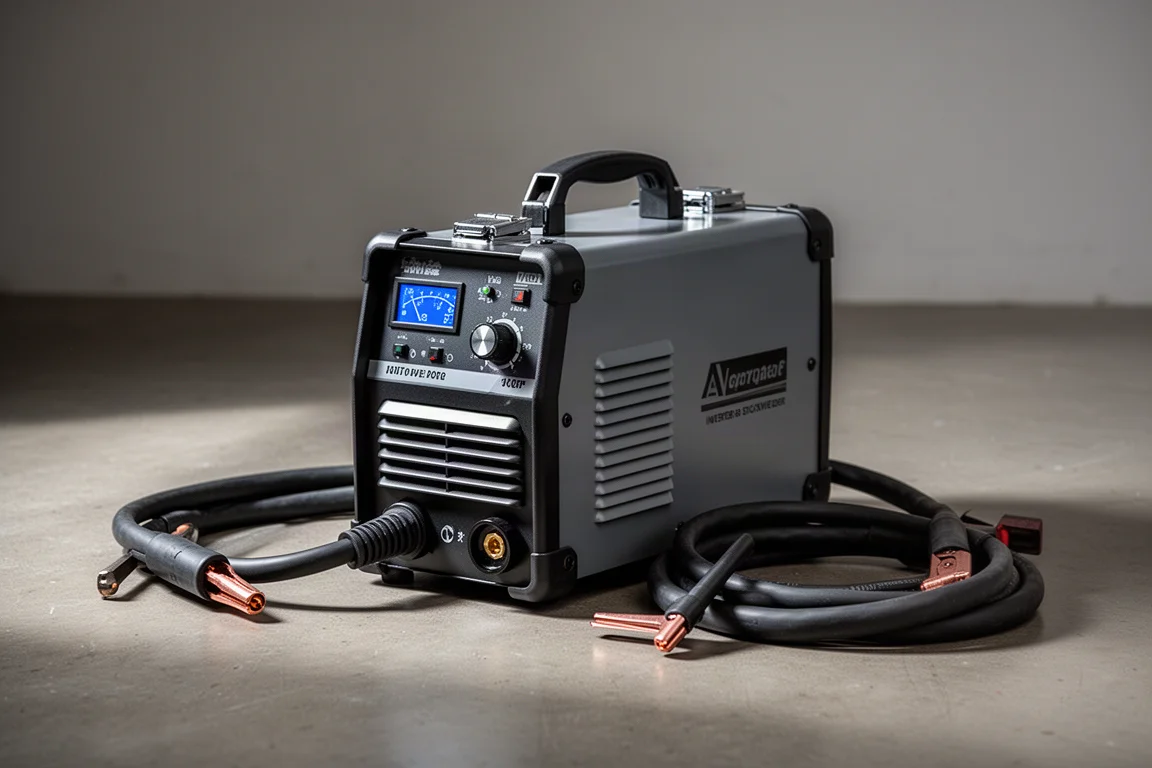 Compact Miller Thunderbolt 210 MV stick welder on concrete workshop floor with coiled leads