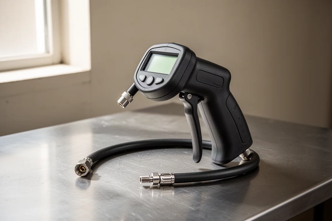 Milton S580E digital inflator gauge with hose and quick-connect adapters on a workshop surface