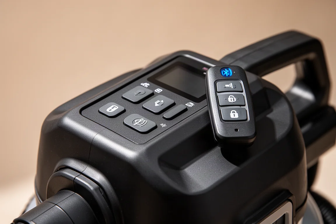 Painel de controle superior de um extrator de pó com botões e indicadores
