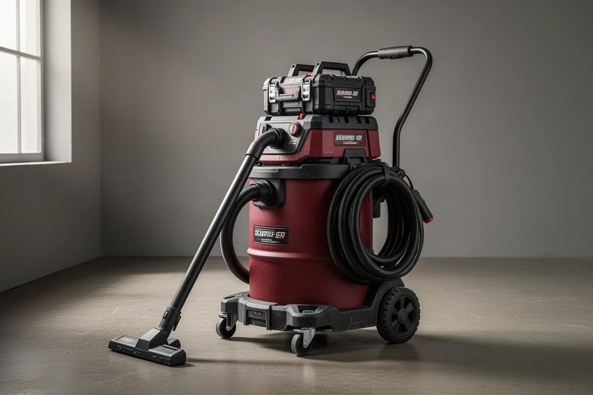 Cordless job site dust extractor with hose reel and stacked storage box on concrete floor