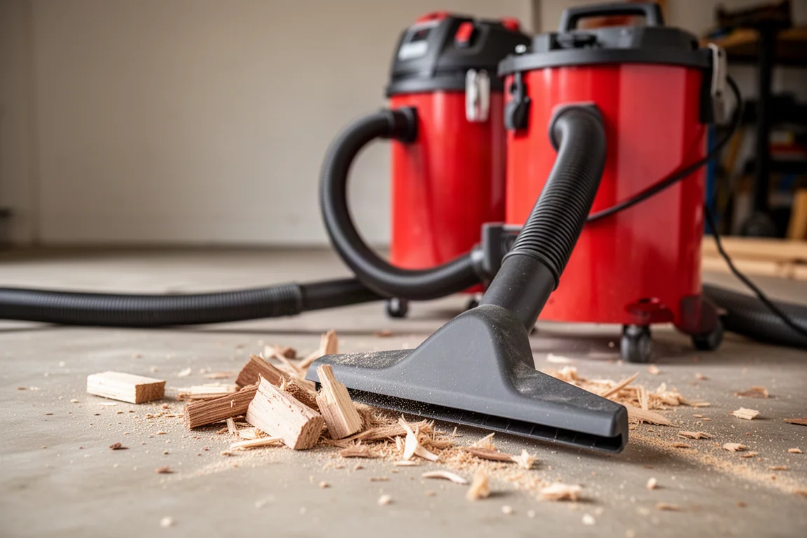 Aspiradora de taller recogiendo grandes restos de madera de un suelo de hormigón