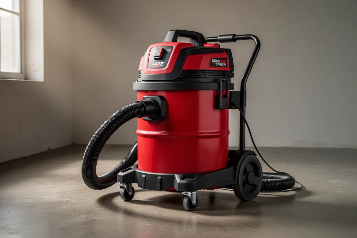 Red Milwaukee 9 gallon wet/dry vacuum with hose on a concrete workshop floor