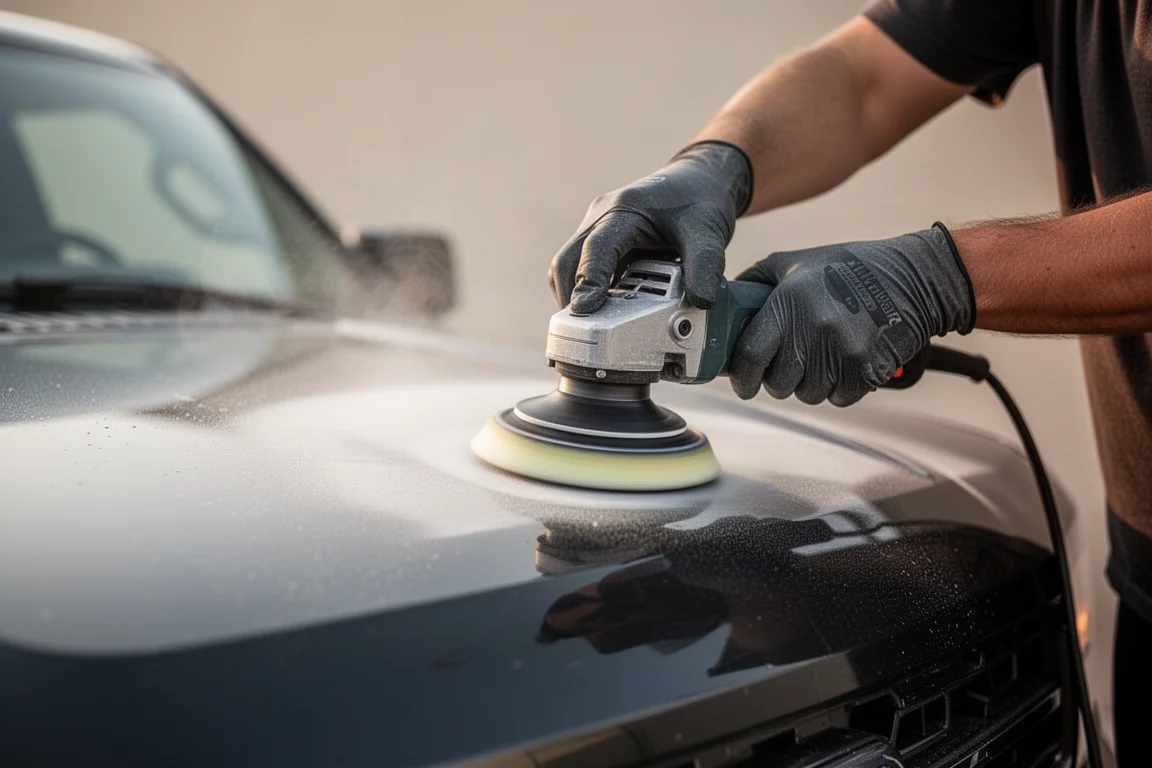 Detailer polijst de motorkap van een vrachtwagen met een accupolisher in zacht daglicht