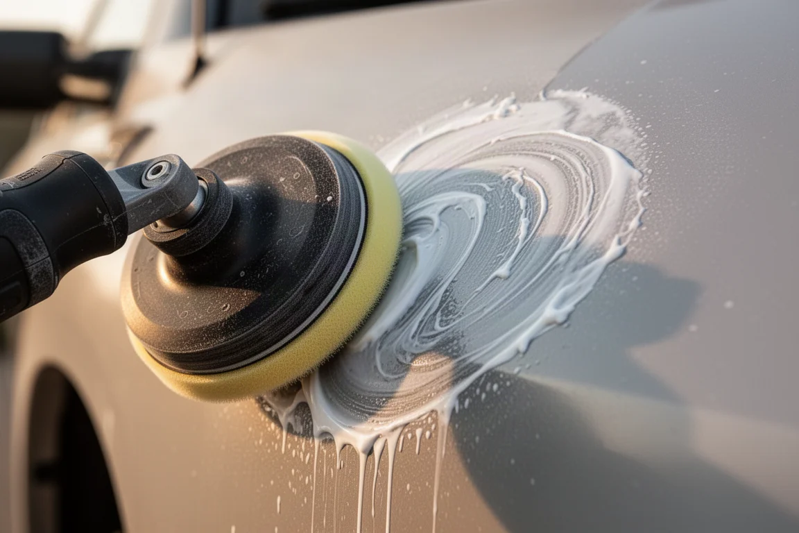 Close-up van een polijstpad dat paint correction uitvoert op een verwezen paneel
