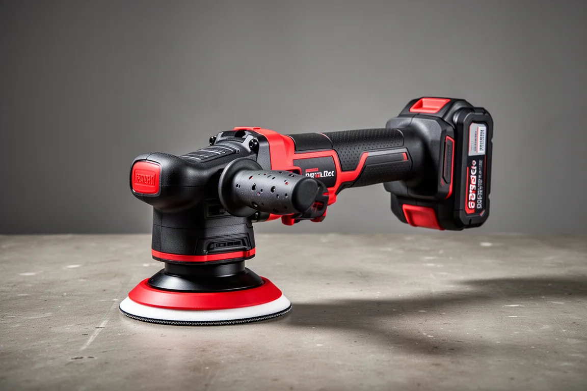 Cordless dual action random orbital polisher on a concrete workshop surface