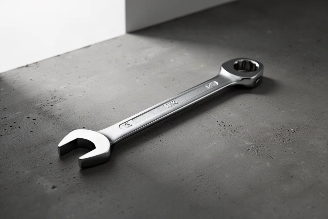 Milwaukee 15mm chrome combination wrench lying on a dark concrete surface