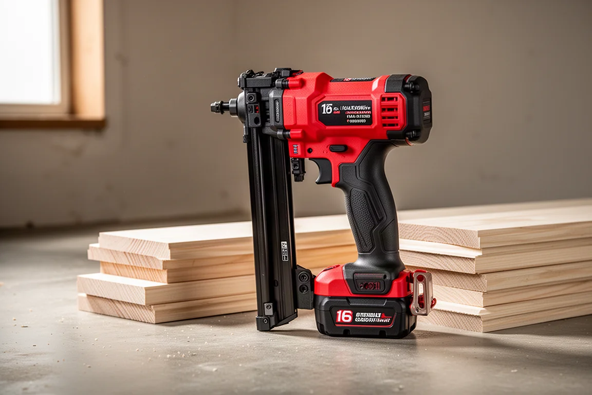 Cordless 16 gauge straight finish nailer standing on concrete beside pine trim boards