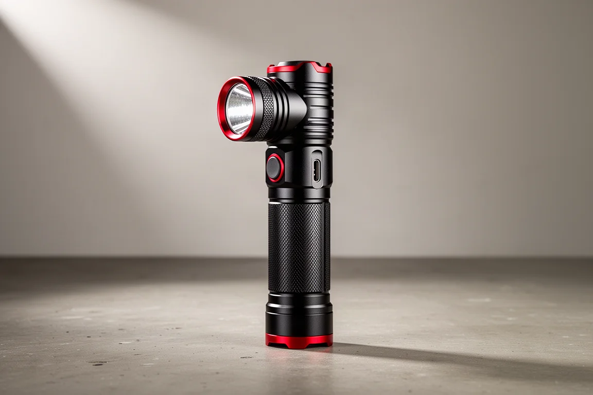 Milwaukee 2000 lumen rechargeable flashlight standing on a concrete workshop floor