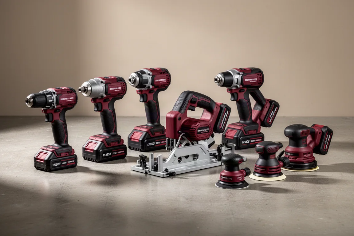 Collection of Milwaukee cordless power tools arranged on a concrete workshop surface