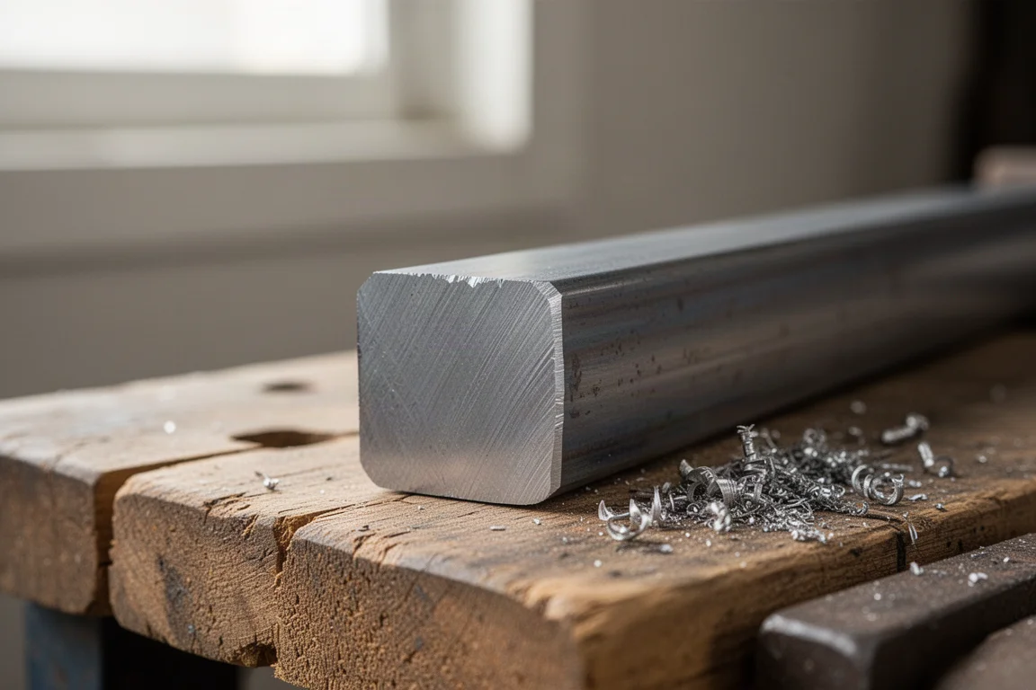 Square, burr-free cut on the end of a steel pipe on a workbench