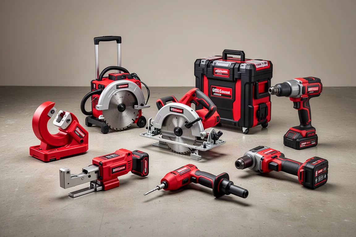 Lineup of seven red and black cordless power tools on a concrete workshop floor