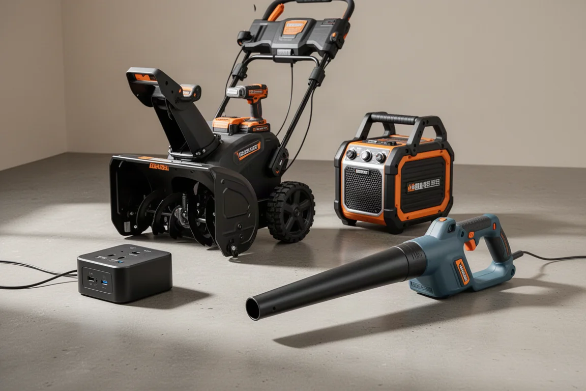 Collection of new cordless power tools including a charging hub, snow blower, radio, and blower on concrete