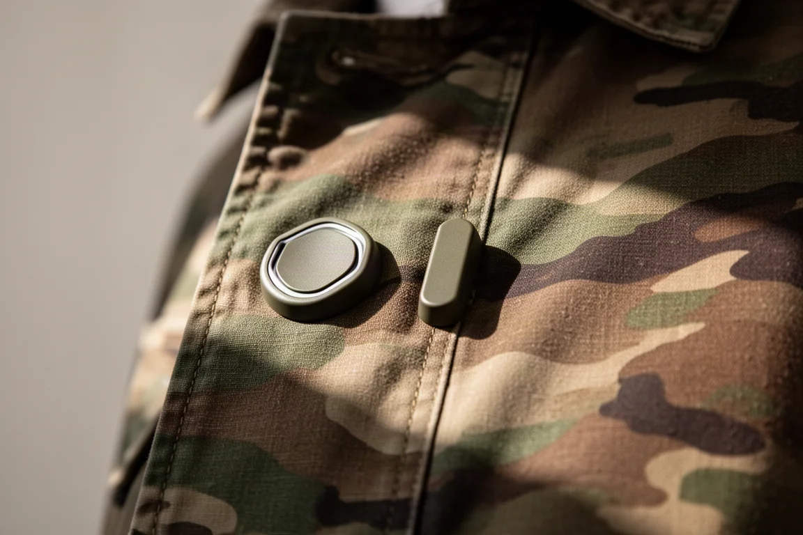 Close-up of heated jacket control buttons with raised tactile outlines on the chest