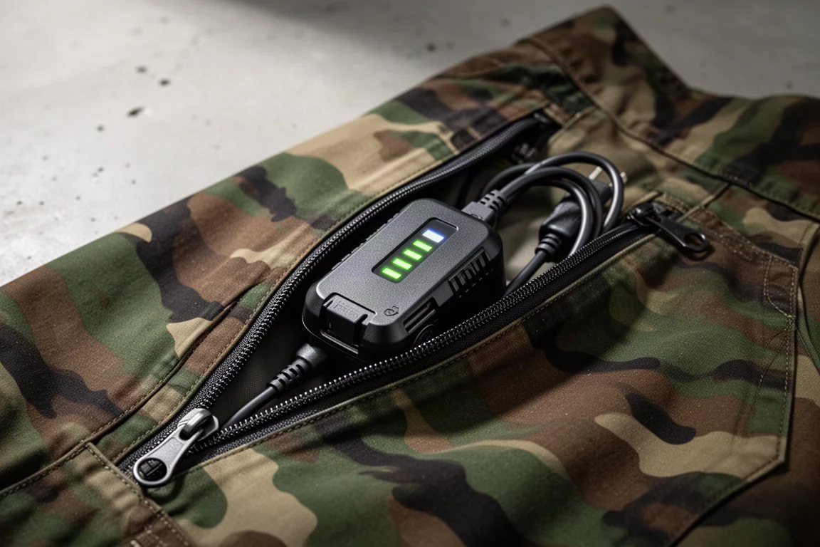 Heated jacket battery pack resting in a front pocket with cable neatly tucked