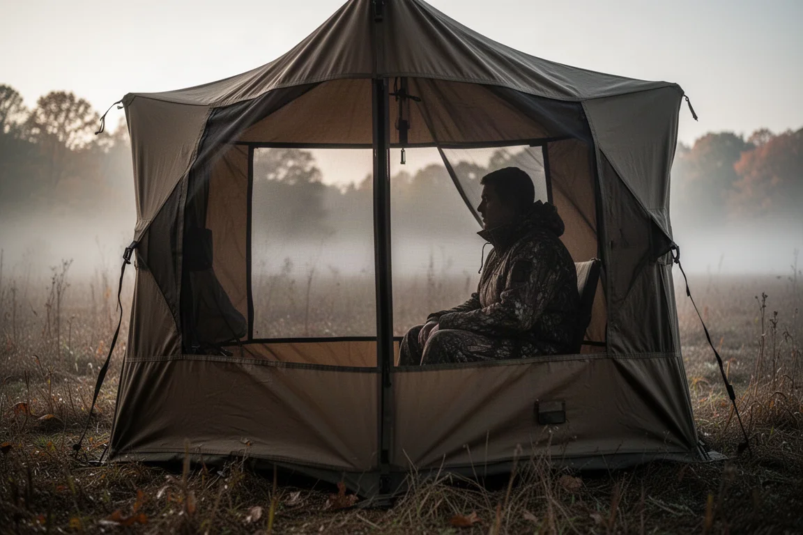 Hunter sitting motionless in a ground blind during early morning light