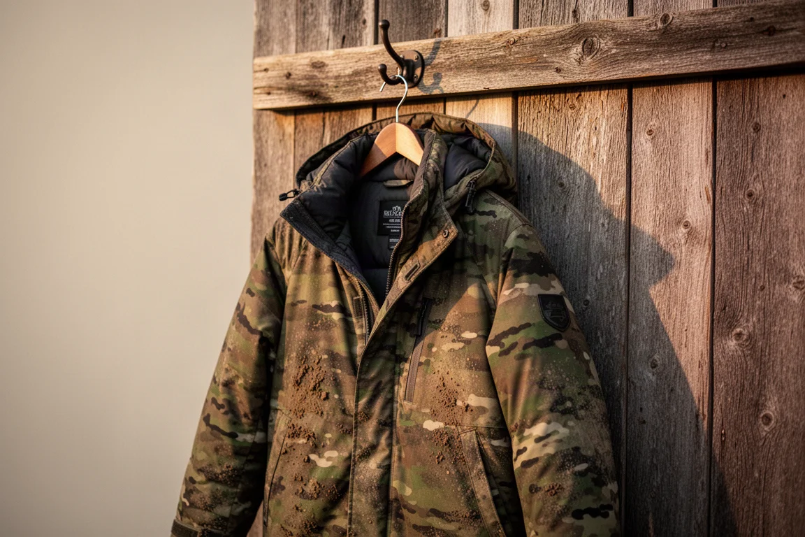 Heated jacket hanging on a wooden hook after being worn outdoors