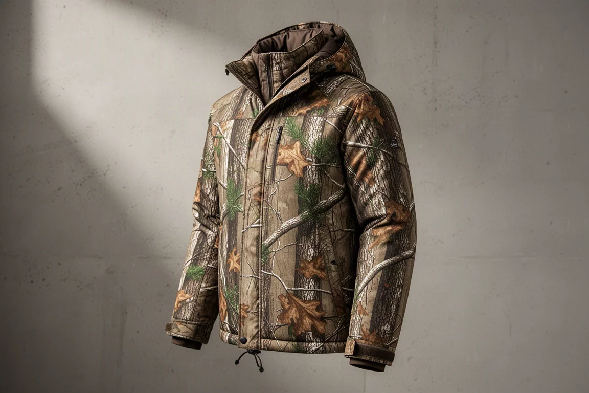 Camouflage heated jacket with drawstring hem on an invisible mannequin form