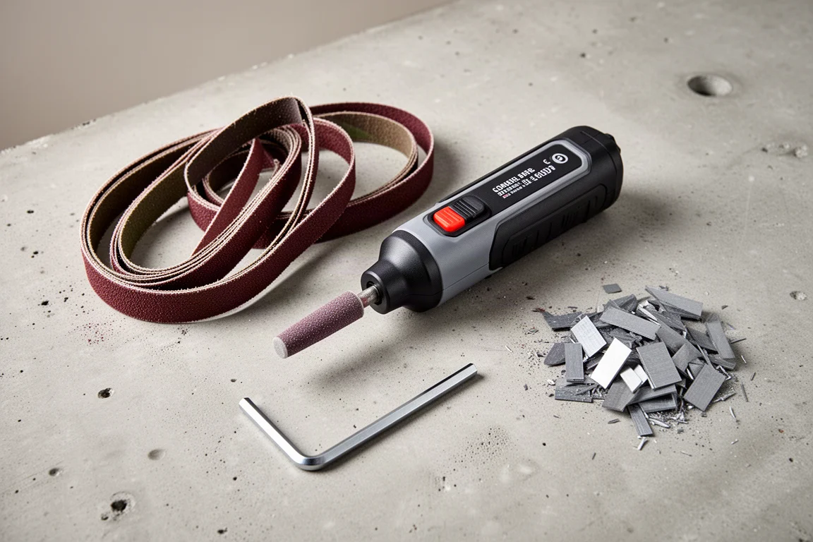 Utensile elettrico M12 compatto disposto su un banco da lavoro accanto a vari nastri abrasivi