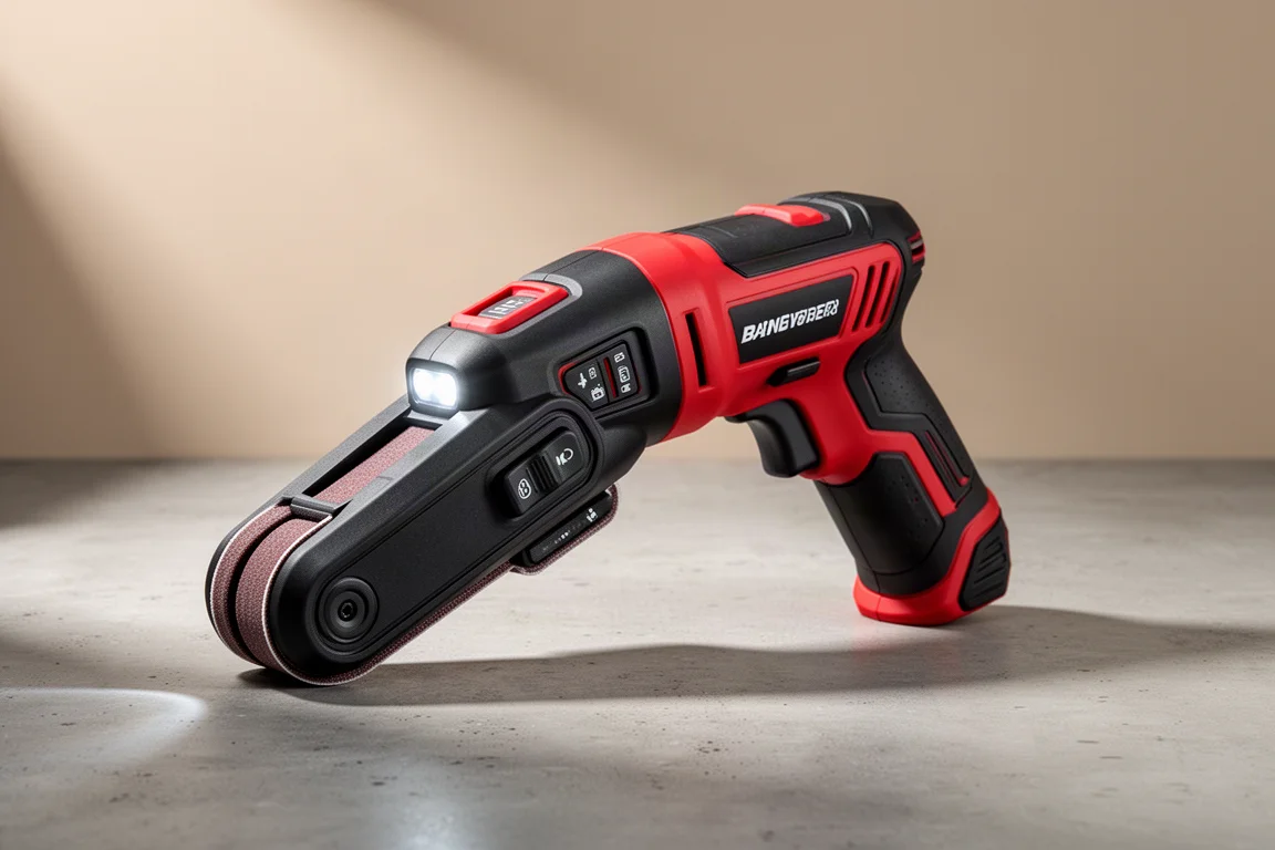 Compact red and black cordless band file tool on a concrete surface