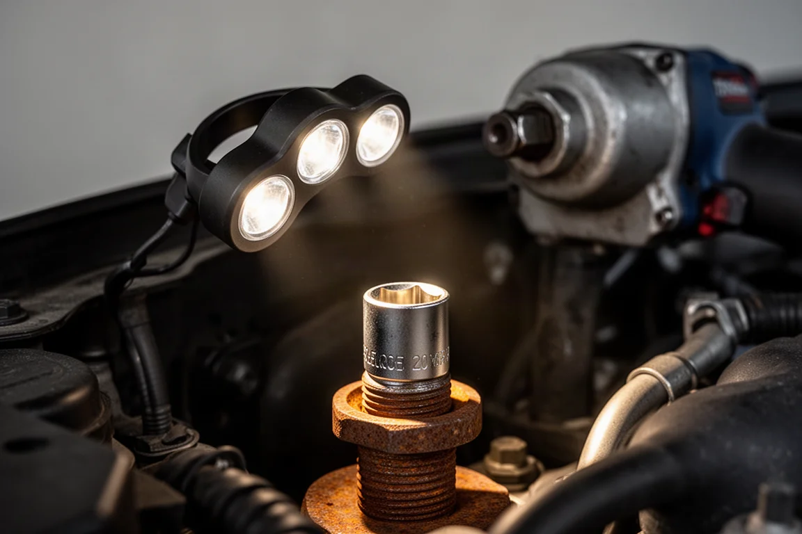 Anello LED attorno all'anvil di una chiave a impulso che illumina una bussola in un vano motore buio