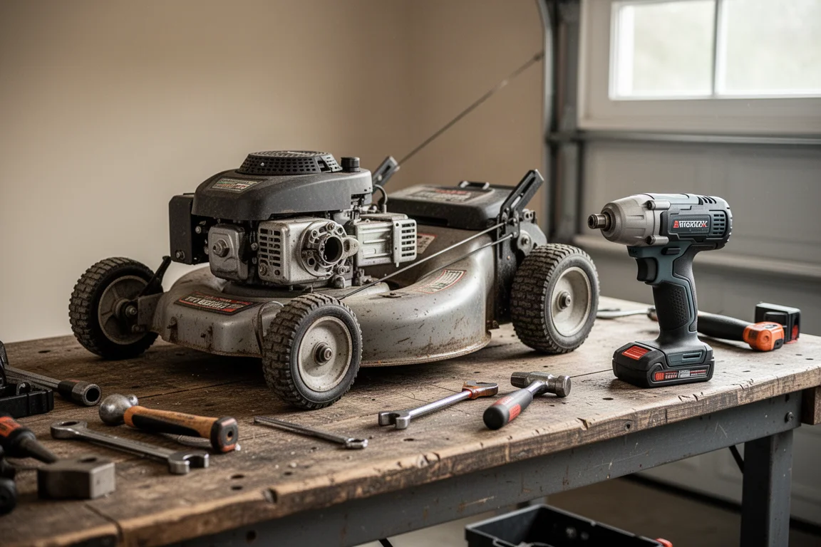 Riparazione di un piccolo motore su un rasaerba in un garage domestico